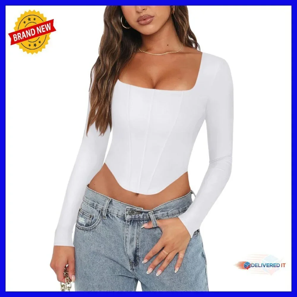 Long Sleeve Square Neck Backless Corset Crop Top Y2K Going Out